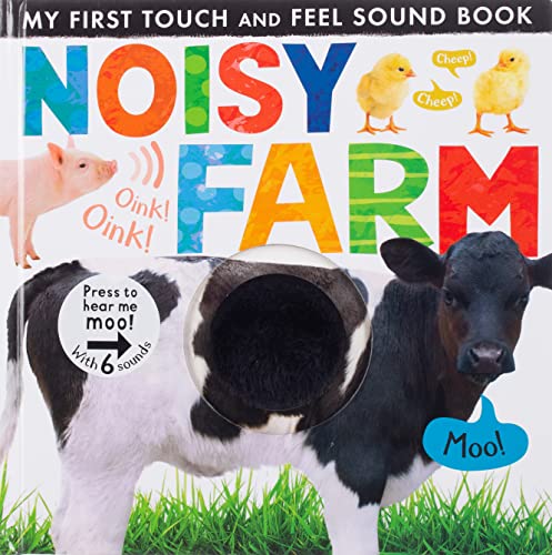 Cover of Noisy Farm sound book featuring a calf, piglet, chicks, and grass.