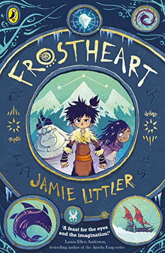 Book cover: "Frostheart" featuring a boy, a snow creature, and a girl.