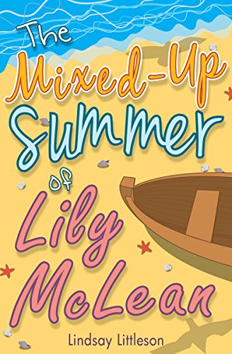 Book cover with a wooden boat on a sandy beach and colorful title text.
