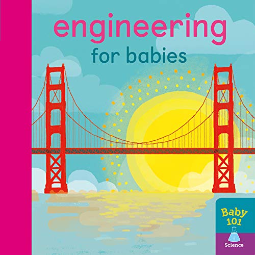 Book cover for Engineering for Babies featuring a red suspension bridge against a sun.