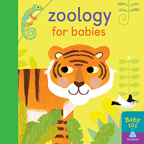 Book cover with illustrated tiger, chameleon, and bird; title "Zoology for Babies".