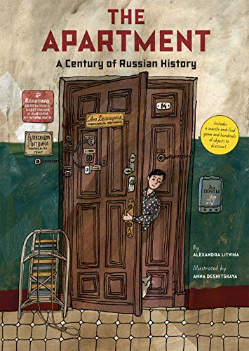 Book cover illustration showing a person peeking through a wooden apartment door.