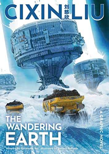 Graphic novel cover: massive city-structures floating on a turbulent, icy ocean.