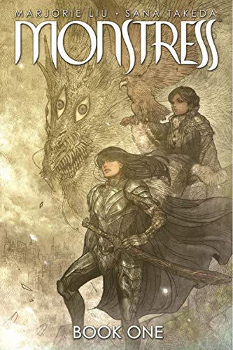 Cover of "Monstress Book One" featuring a girl and a large, ornate dragon.