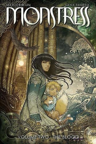 A woman with long dark hair holds a small fox-like creature in an ornate setting.