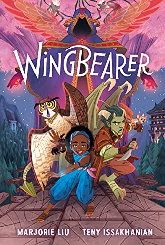 Book cover illustration featuring a girl, a horned boy, and an owl in fantasy setting.