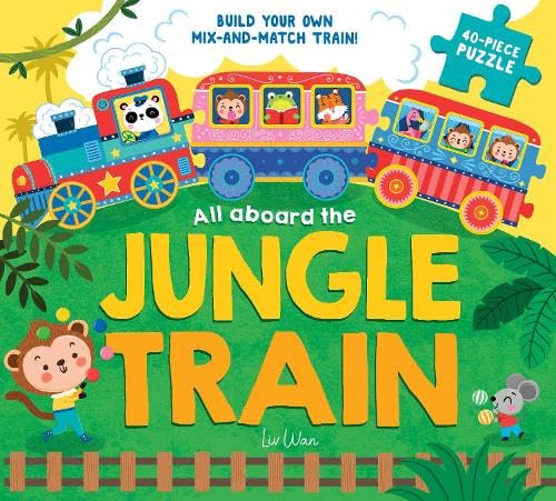 Colorful jungle train puzzle with animal passengers and monkey, mouse.