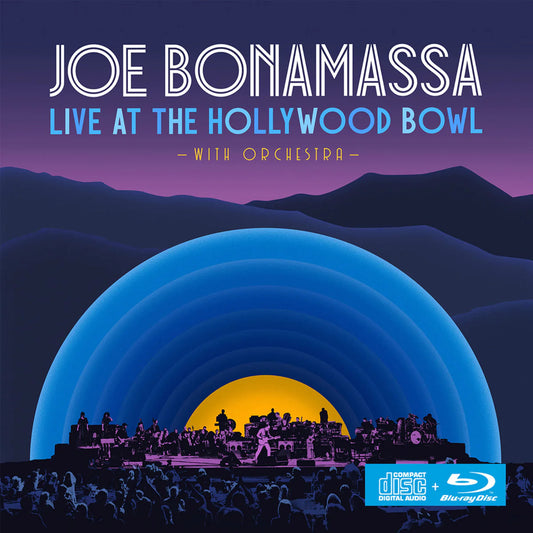 Joe Bonamassa Live at the Hollywood Bowl album cover with orchestra silhouette against sunset.