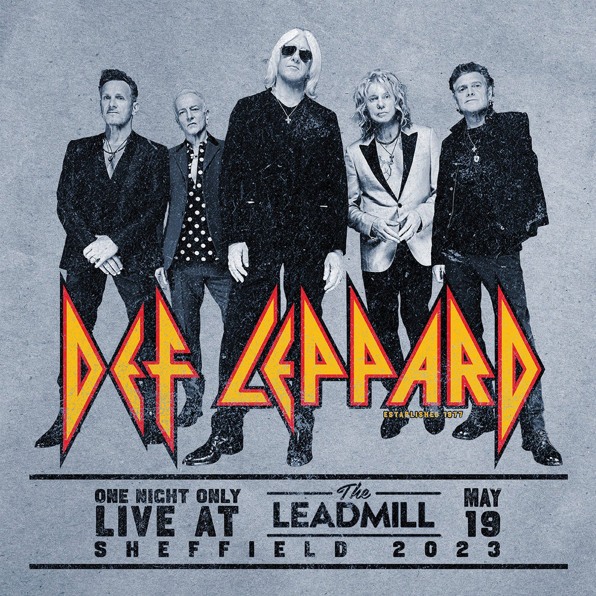 Def Leppard band members posing in front of their logo and concert details.
