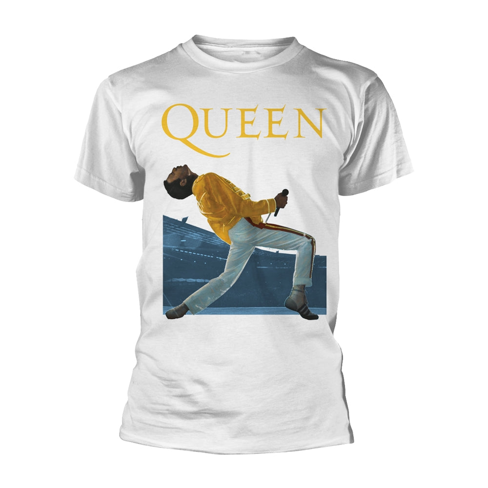 White t-shirt with image of Freddie Mercury performing at Wembley.