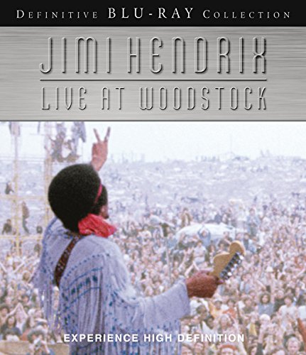 Jimi Hendrix performing at Woodstock, Blu-ray cover art with a large crowd.