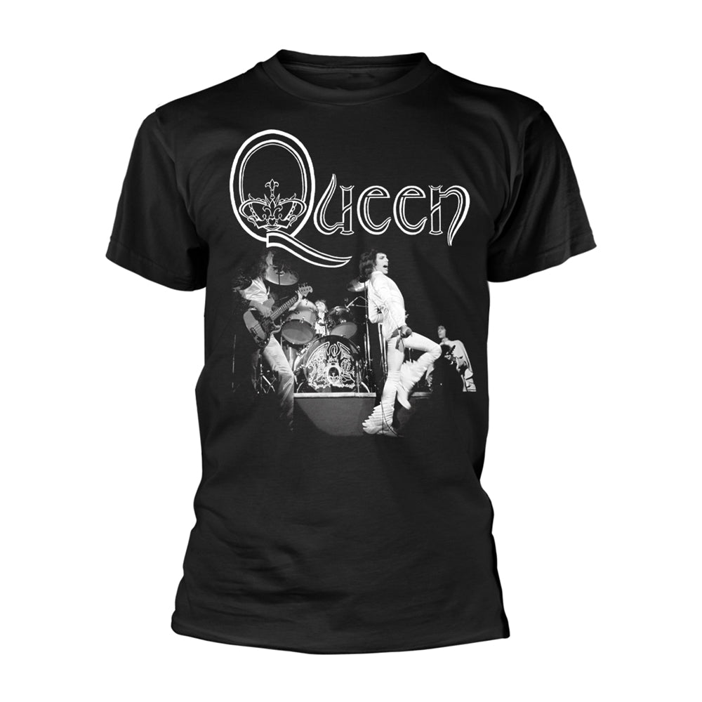 Black t-shirt with a black and white Queen band image print.