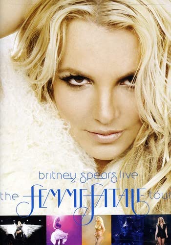 Close-up portrait of Britney Spears with concert photos at the bottom of the cover.