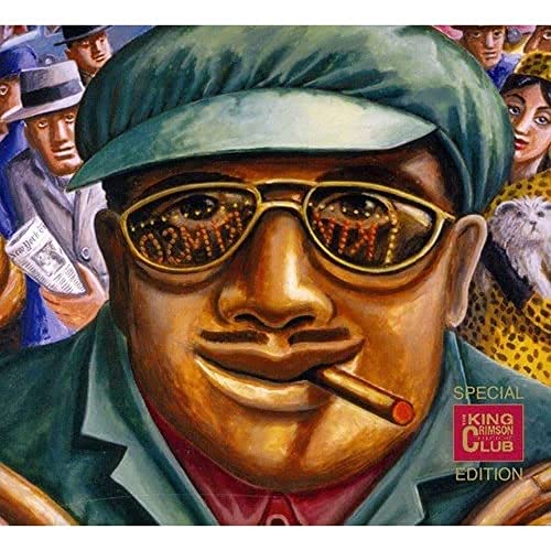Painting of a man in a cap and glasses smoking a cigar, surrounded by people.