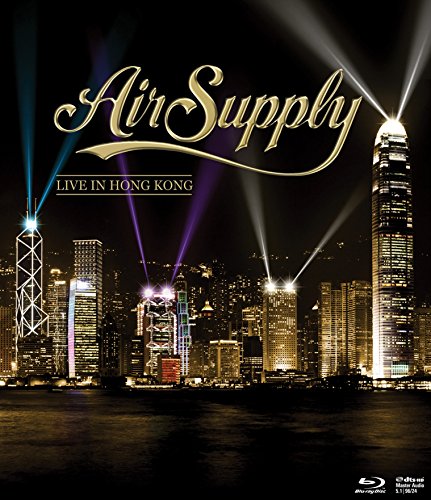 "Air Supply Live in Hong Kong Blu-ray cover featuring Hong Kong skyline at night with spotlights."