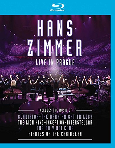 Hans Zimmer Live in Prague Blu-ray cover showing musicians on stage before a crowd.