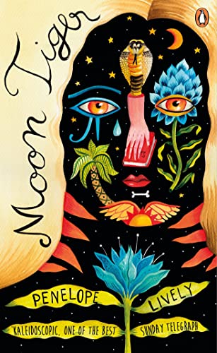 Book cover for "Moon Tiger" with surreal, colorful imagery of eyes, plants, and a tiger.