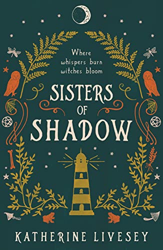 Book cover: “Sisters of Shadow” with floral design, lighthouse, and owls.