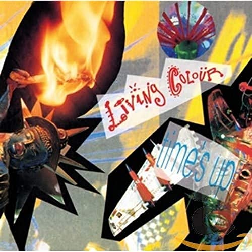 Living Colour “Time’s Up” CD cover with collage of flames and robotic figures.