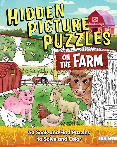 Farm animals and buildings illustrated on a children’s puzzle book cover.