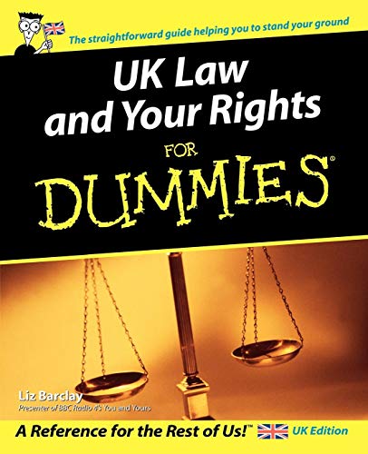 Book cover: "UK Law and Your Rights For Dummies" with scales of justice.