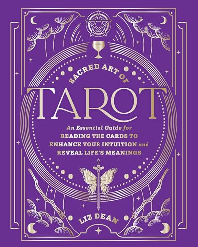 Purple book cover with gold celestial symbols, a butterfly, and the title Sacred Art of Tarot.