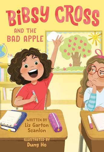 Book cover: girl raising hand in classroom, apple tree mural.