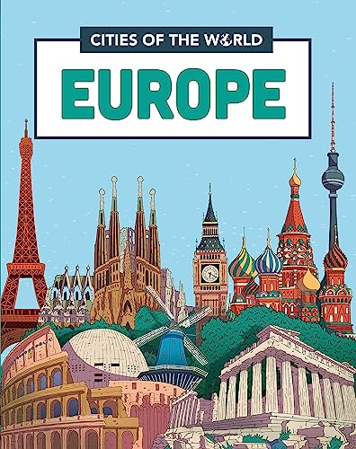 Book cover illustration featuring iconic European landmarks like the Eiffel Tower and Colosseum.