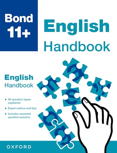 Bond 11+ English Handbook cover with puzzle pieces and a hand illustration.