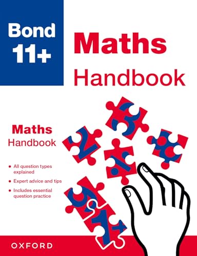 Blue and white "Bond 11+ Maths Handbook" cover with puzzle pieces.