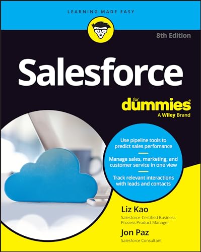 Book cover for "Salesforce For Dummies," 8th edition, with blue and yellow design.