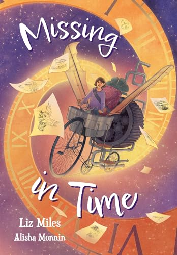 Book cover: girl with a complex bicycle against a clock background.