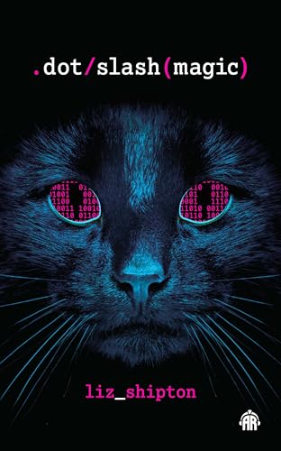 Black cat with glowing binary code eyes, book cover art.