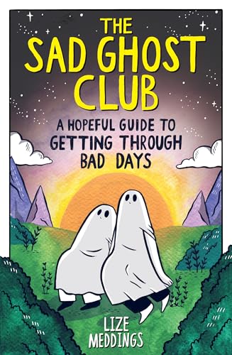 Book cover with two white ghosts facing a colorful sunset landscape.
