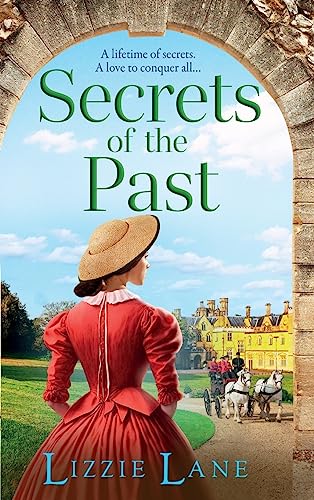 Book cover: woman in red dress views a grand estate and carriage.