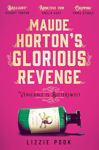 Book cover with pink background, title text, and a green poison bottle with skull.