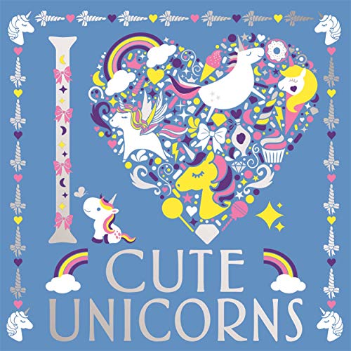 Blue cover with heart-shaped collage of unicorns and rainbow details.