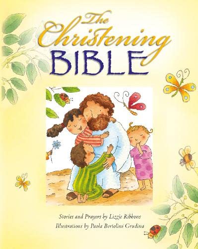 Yellow cover of "The Christening Bible" with Jesus and children.