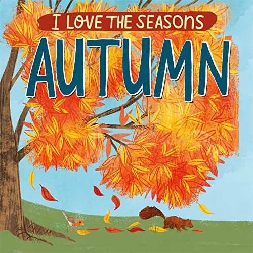 Book cover with autumn leaves, a tree, and a squirrel foraging.
