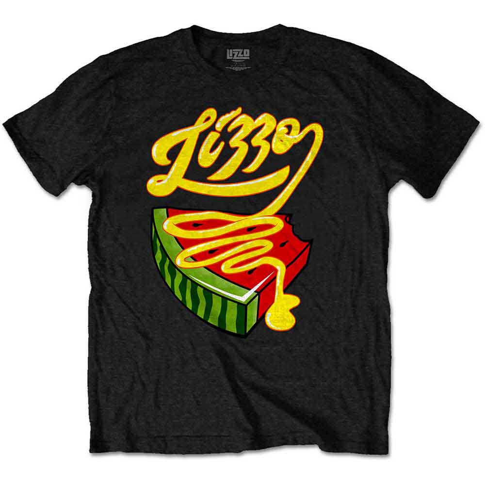 Black t-shirt with “Bussin or Disgustin” text, likely featuring Lizzo.