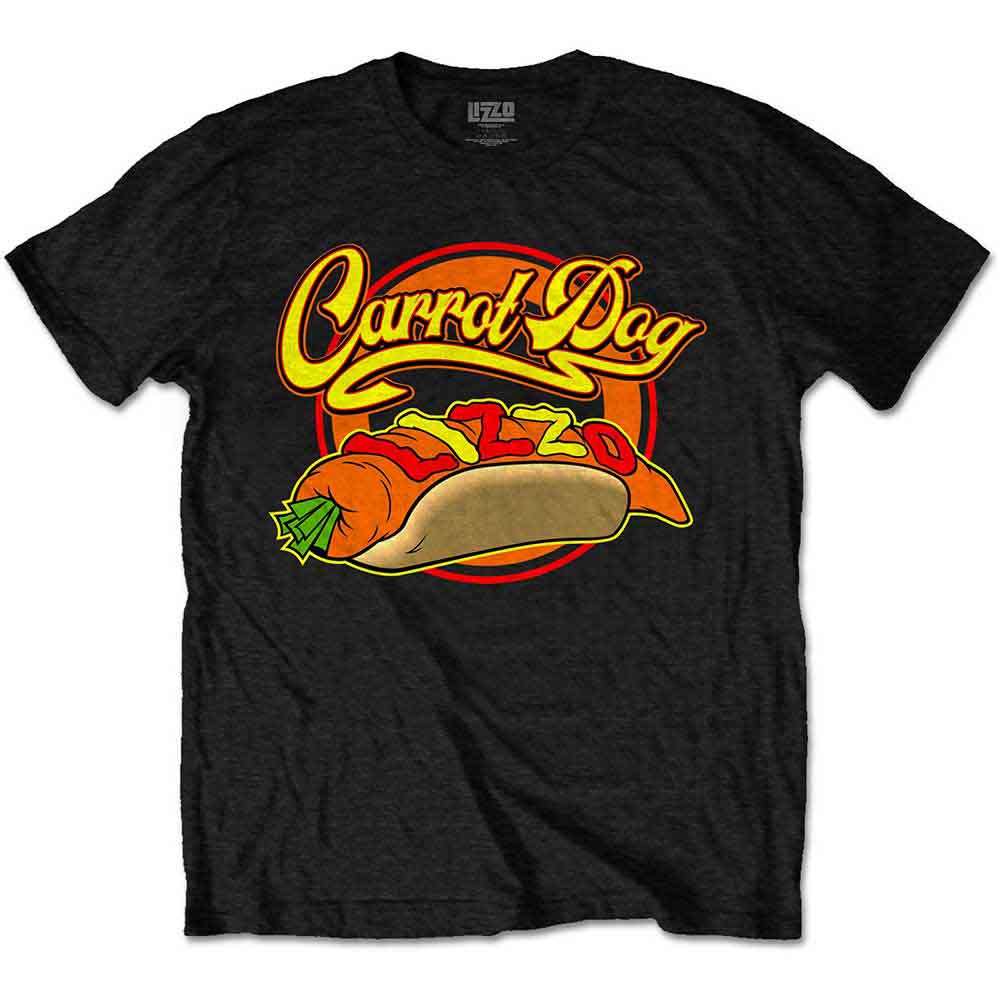 Black t-shirt with cartoon Lizzo holding a hot dog, labeled "Carrot Glizzy".