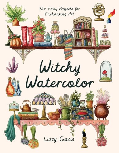 Book cover with watercolor illustrations of shelves, plants, crystals, books, and magical items.