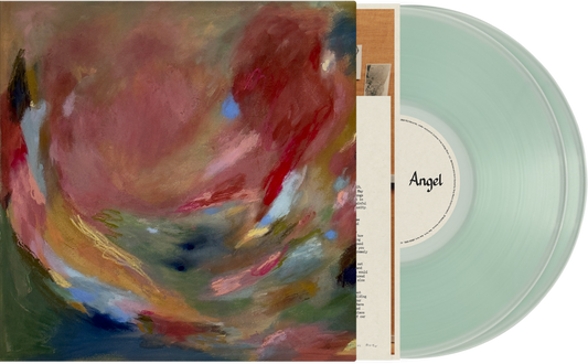 Lizzy McAlpine’s “Angel” vinyl record with abstract red and blue cover art.