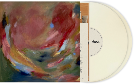 Lizzy McAlpine’s “Angel” vinyl record with abstract red and pink cover art.
