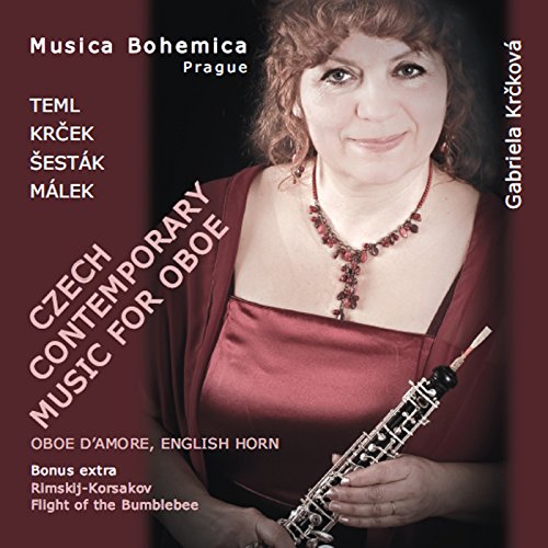 CD cover with a woman holding an oboe, wearing a red dress.