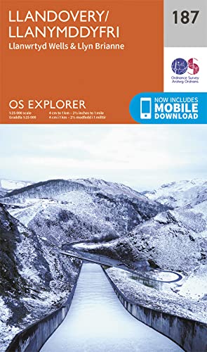 Ordnance Survey Explorer map 187 of Llandovery, Wales, with snowy mountains.