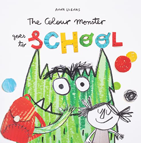 Green monster and child with colorful letters spelling "SCHOOL" on white background.