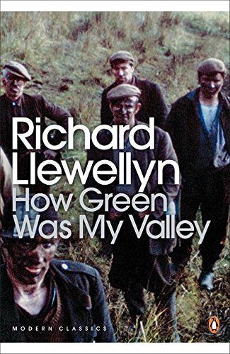"Book cover with men in a field, title 'How Green Was My Valley' by Richard Llewellyn."