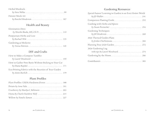 Table of contents from "Llewellyn's 2026 Herbal Almanac" showing chapter titles.