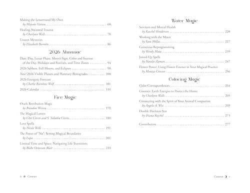 Table of contents page from "Llewellyn's 2026 Magical Almanac" book.
